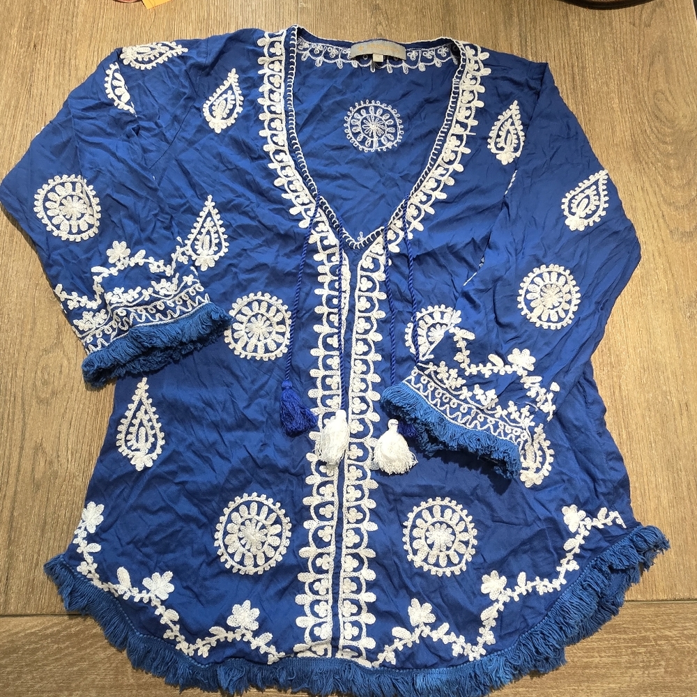 Pranella Gypsy Embroidered Tassel V Neck Top Cobalt/White sz 3/Large